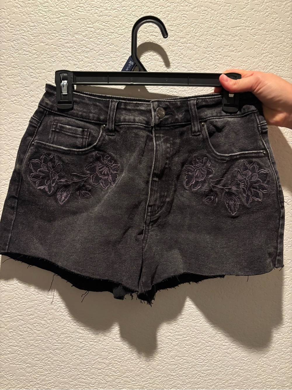 Forever 21 Black Washed Denim Shorts with Floral Embroidery